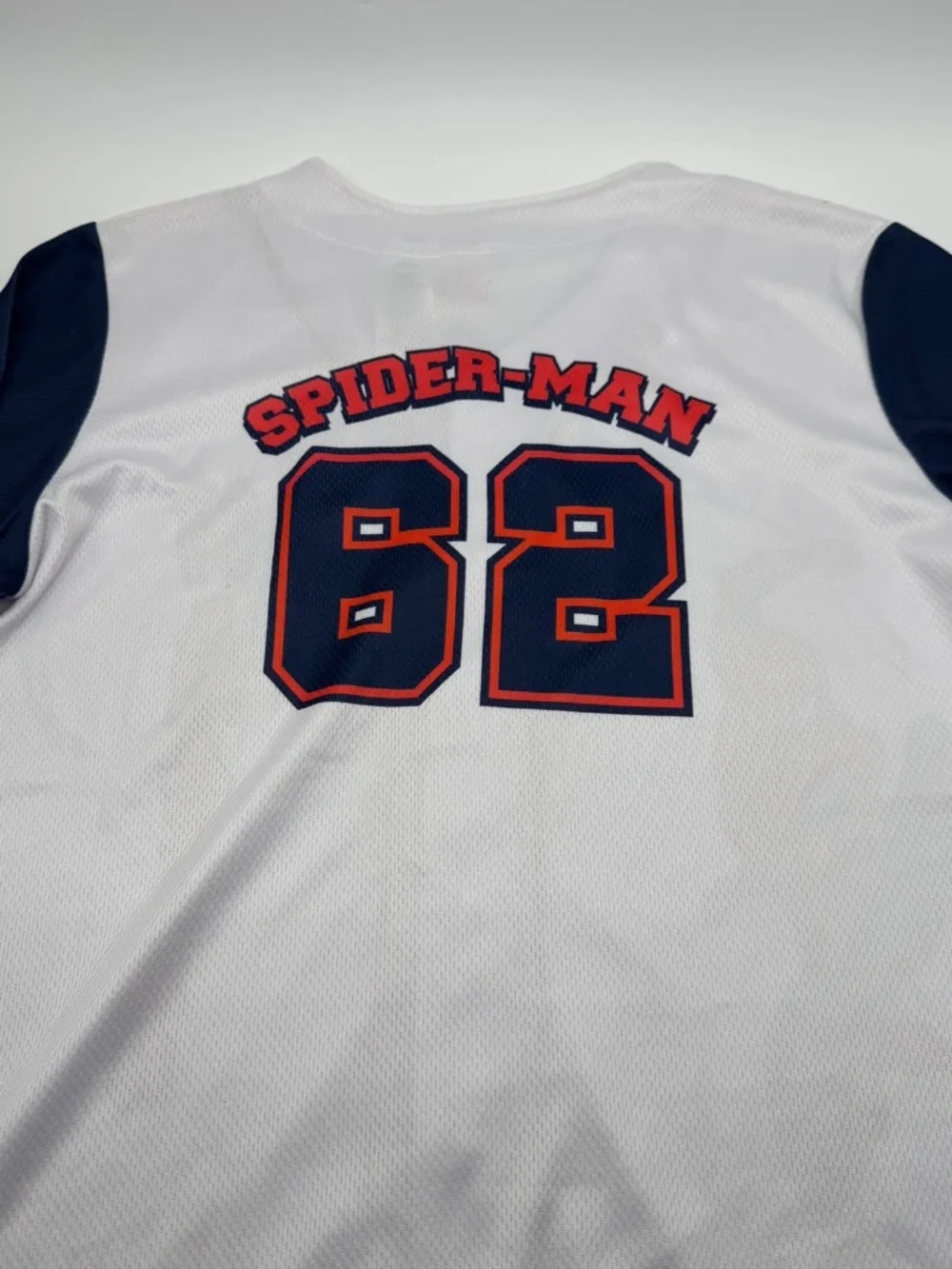 Marvel Spider-Man Baseball Jersey L 14/16 White Navy Button Up Shirt NWT